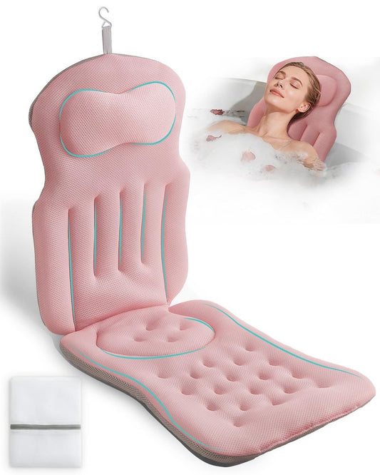 Full Body Bath Pillow for Bathtub, 5D Thick Tub Pillow for Bathtub with 192 Non-Slip Suction Cups, Laundry Bag & Hook, Bathtub Pillow for Head, Neck & Back Support (Pink, 51"*15")