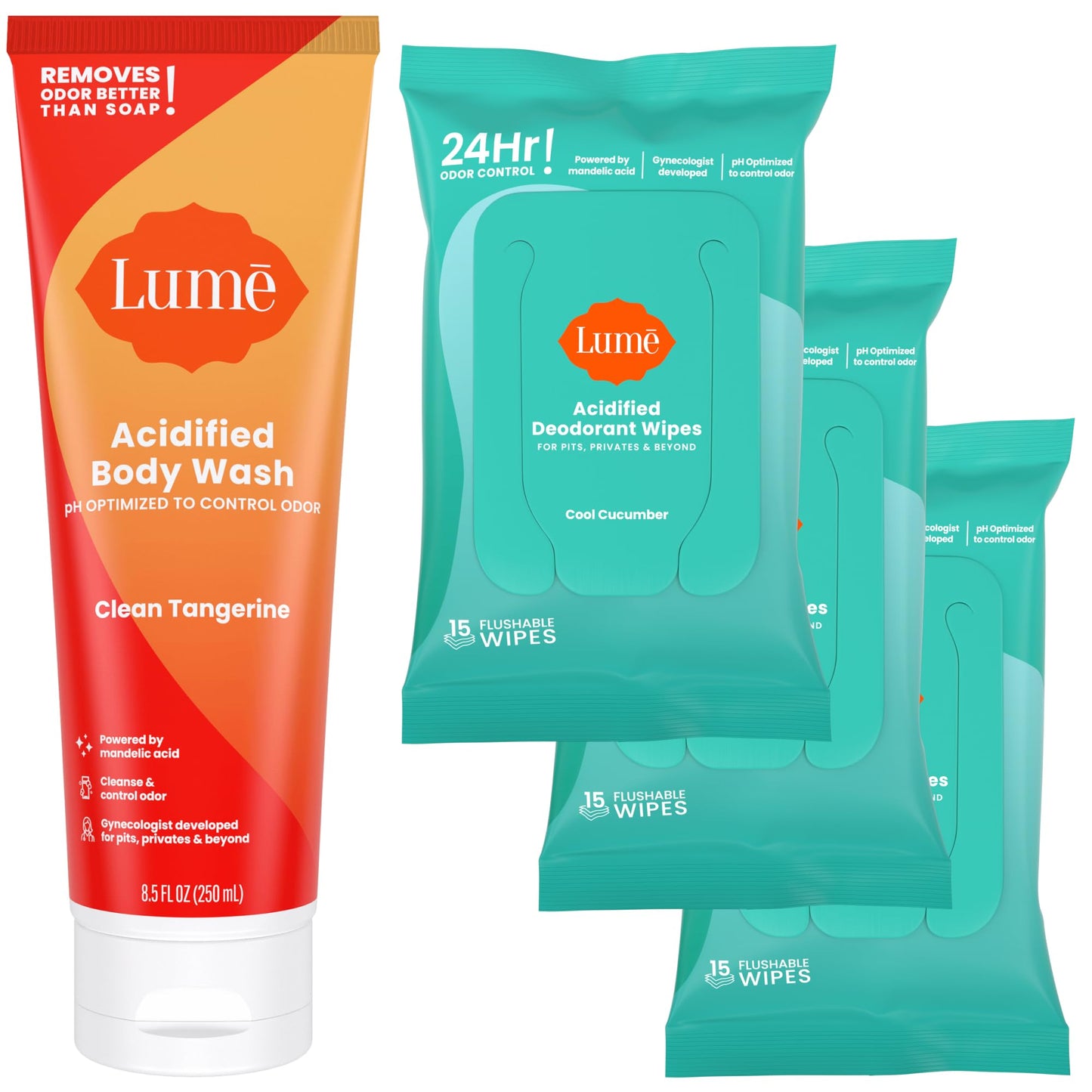 Lume Acidified Body Wash (Clean Tangerine) and Acidified Deodorant Wipes (Cool Cucumber) - 24 Hour Odor Control - Removes Odor Better than Soap - Moisturizing Formula - Aluminum Free, Baking Soda Free