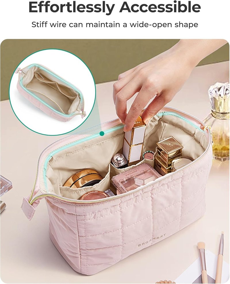 Makeup Bag - Travel Toiletry Organizer for Women | Padded Checkered Khaki Case with Wide-Open Design