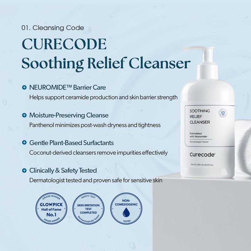CURECODE Soothing Relief Cleanser (250ml) - Gentle foaming action with Ceramide for All Skin Types, Microbiome Science, and St. John Formula to soothe sensitive dry skin