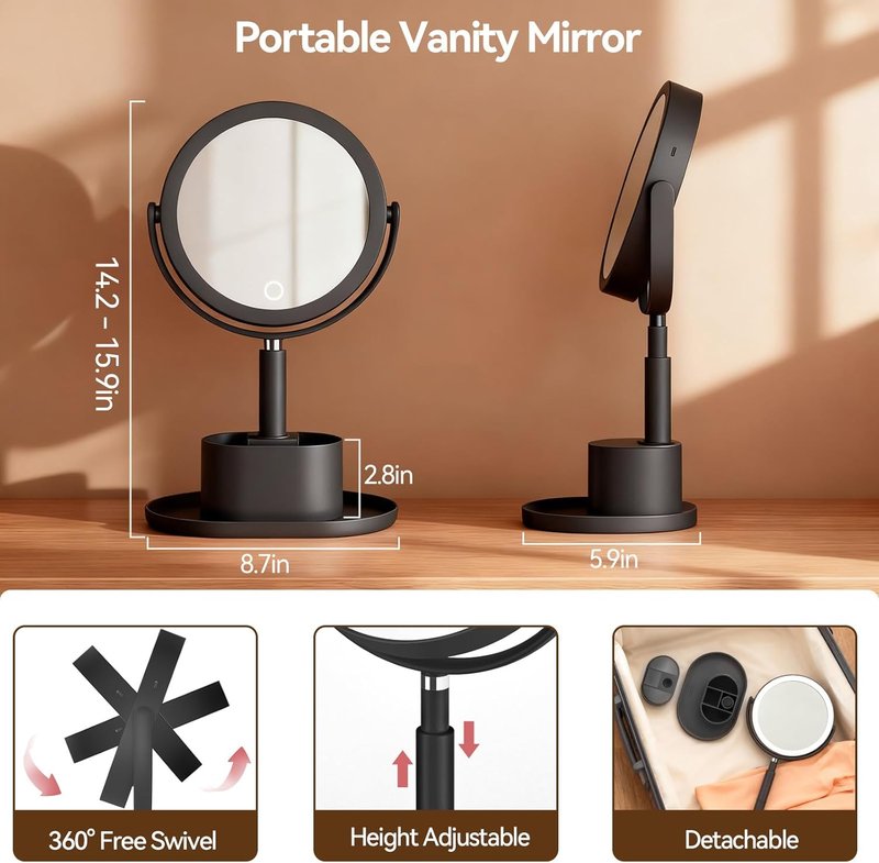 Shinowa Makeup Mirror - 1X/20X Lighted Magnifying Vanity Mirror with Storage & 3 Color Lights | Adjustable Height, 360° Rotation, Rechargeable, Black