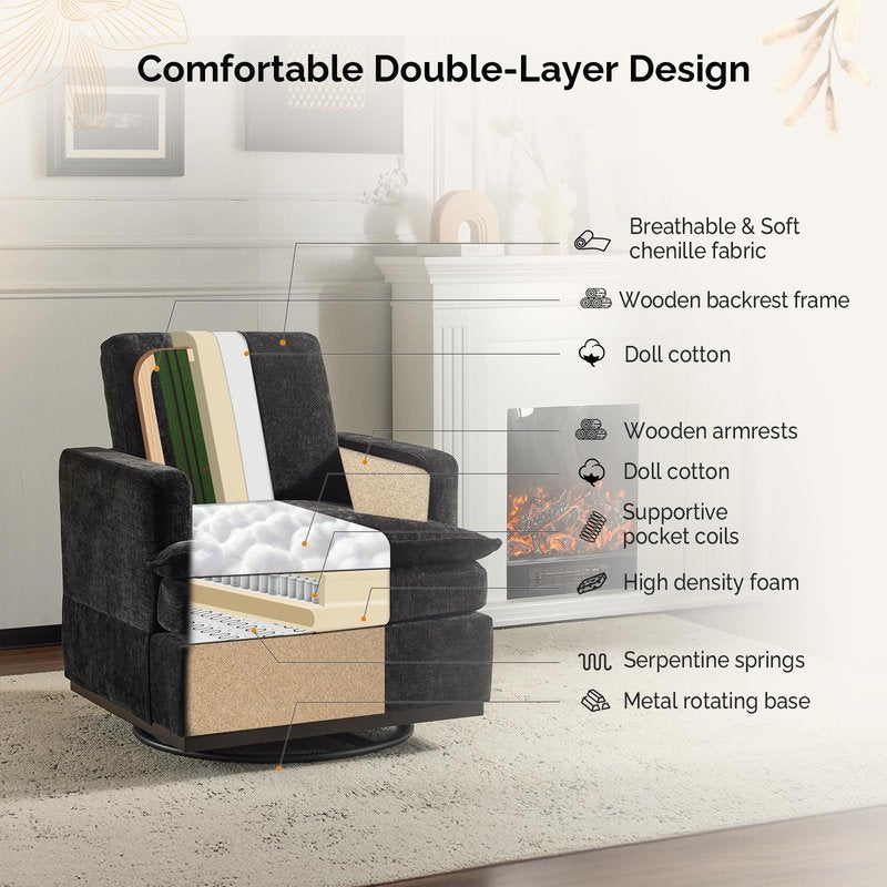 VINGLI 360° Swivel Accent Chair with Double-Layer Seat Cushions, Comfy Single Square Sofa Armchair, Upholstered Club Chair for Living Room,Bedroom, Reading Room, Chenille Black