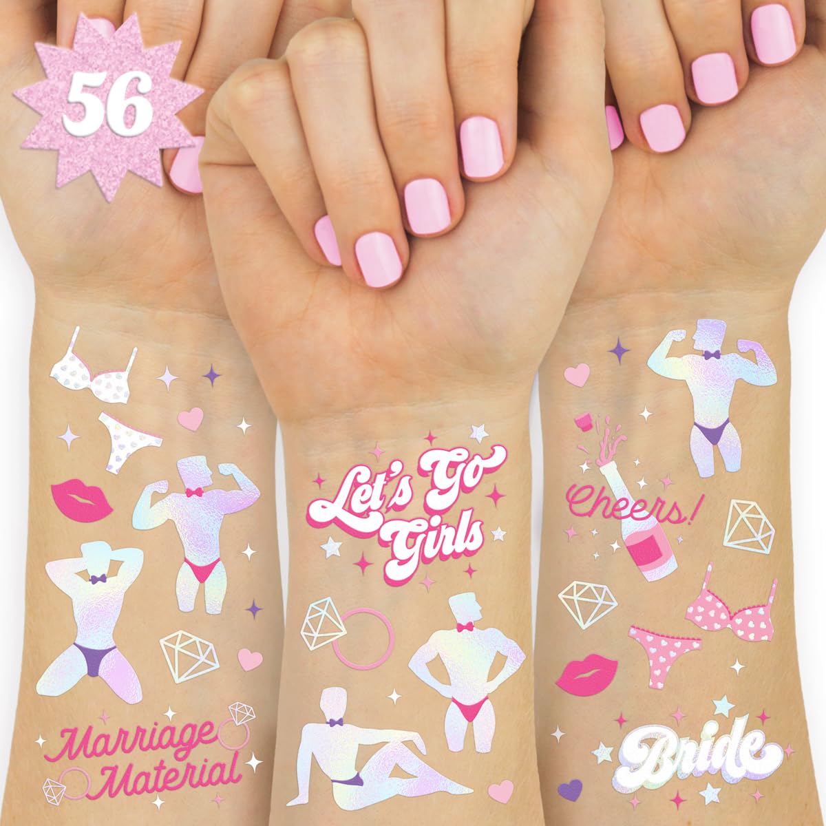 xo, Fetti Bachelorette Party Temporary Tattoos - 56 Iridescent Foil Styles | Male Dancer Stripper Bach Party Decoration, Bridesmaid Favor, Bride to Be Gift