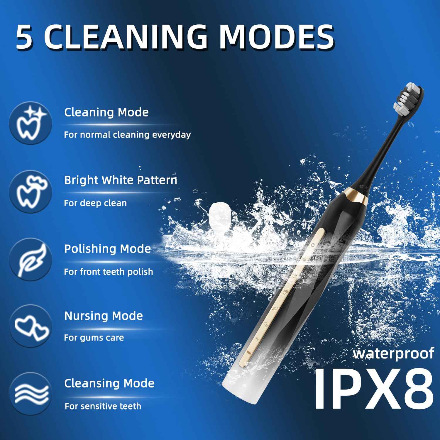 Adult Sonic Electric Toothbrush, USB Rechargeable Sonic Toothbrush, with 12 Brush Heads, 5 Modes, Equipped with Cleaning Brush, Brushing and Washing Two in one