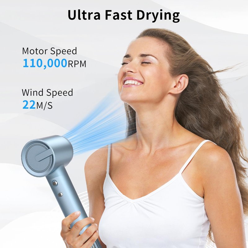 Ionic Fast Drying Hair Dryer - 110000 RPM High-Speed Brushless Motor Blow Dryer for Women | Low Noise Thermo-Control & Negative Ions Hairdryer with Magnetic Nozzle for Home Travel Salon (Silver Blue)