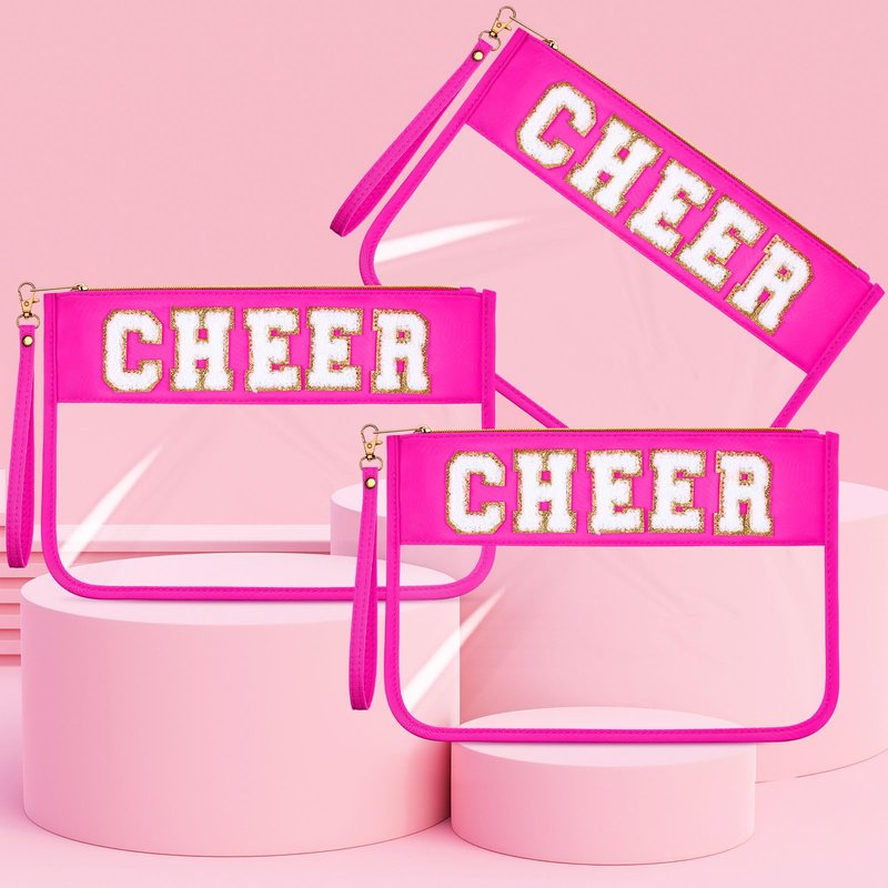 Kacctyen 6 Pcs Cheer Bags Chenille Letter Makeup Bag Cheer Gifts for Stuff Cheerleader, Rose Red Clear Zipper Pouch Cosmetic Toiletry Pouch with Handle for Women Girls Gym Beach Travel(Rose Red,Cheer)
