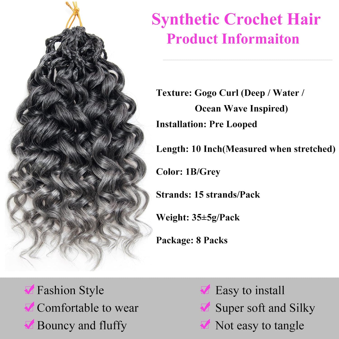 XSASLYET GoGo Curl Crochet Hair for Black Women, 10 Inch 8 Packs Pre Looped Synthetic Water Wave Braids, Deep Wave Curly Crochet Hair Extensions (1B/Grey)