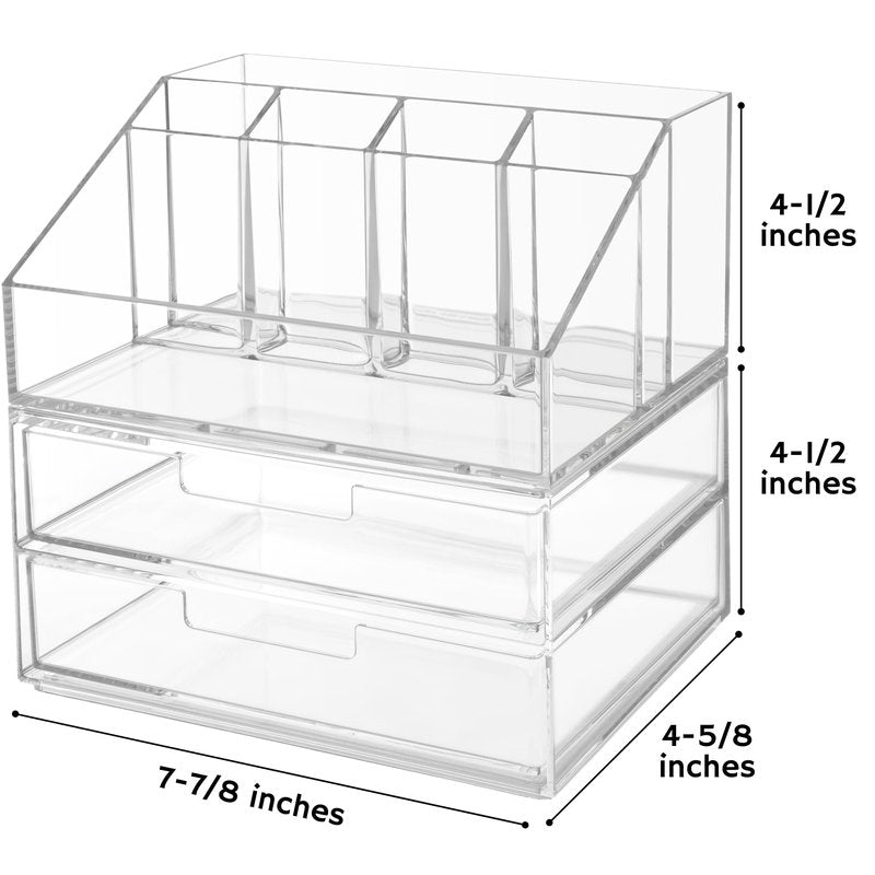 STORi Stackable Desk and Drawer Organizer, Clear Pen Pencil Makeup Brush Holder for Desktops and Vanities, 6 Compartment Caddy with 2 Wide Drawers (Made in USA)