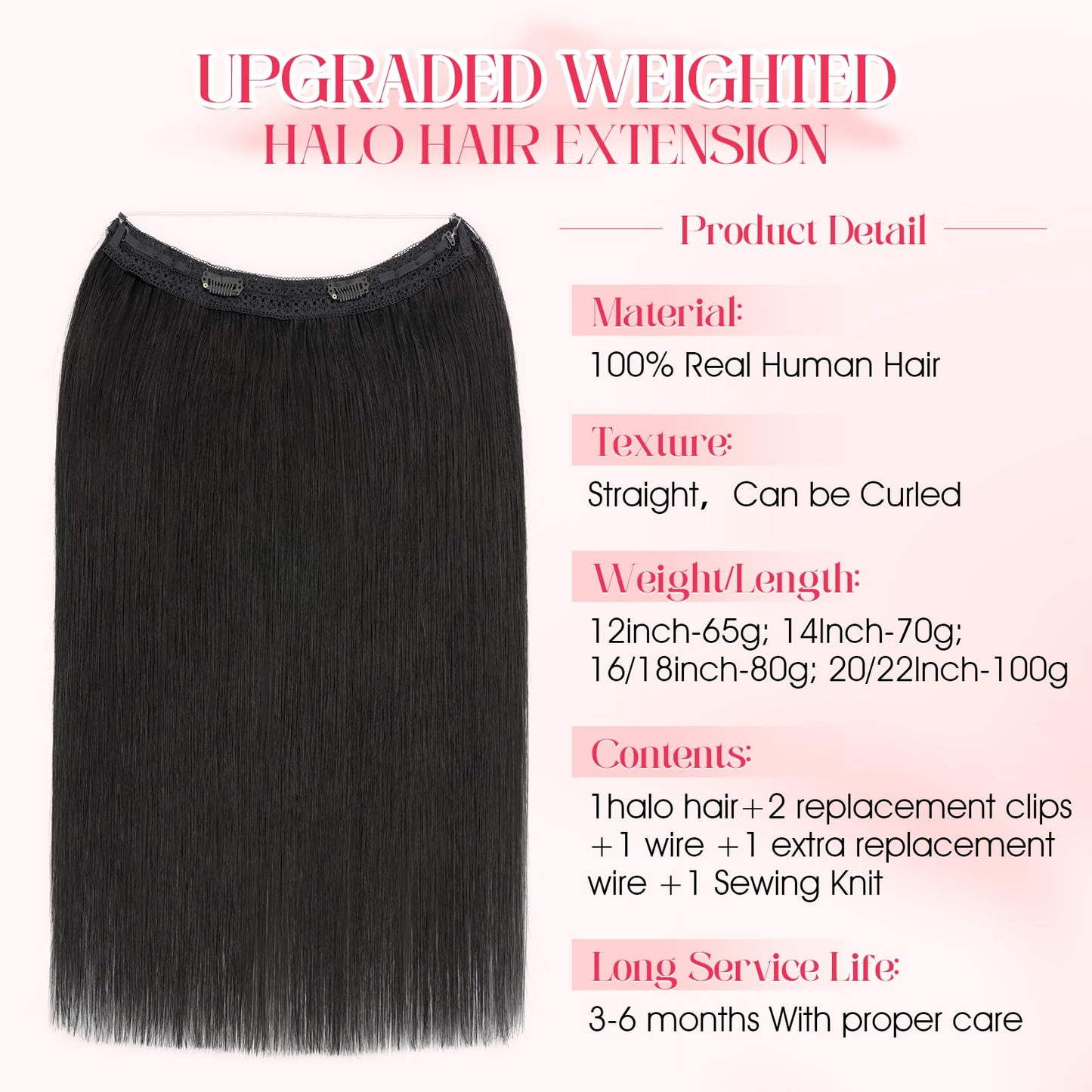 Rich Choices 100% Real Human Halo Hair Extensions for Women Remy Halo Extension Invisible Wire Hairpiece Clip in One Piece Hairpiece Upgrade Adds Weight 65g 12 Inch #01 Jet Black