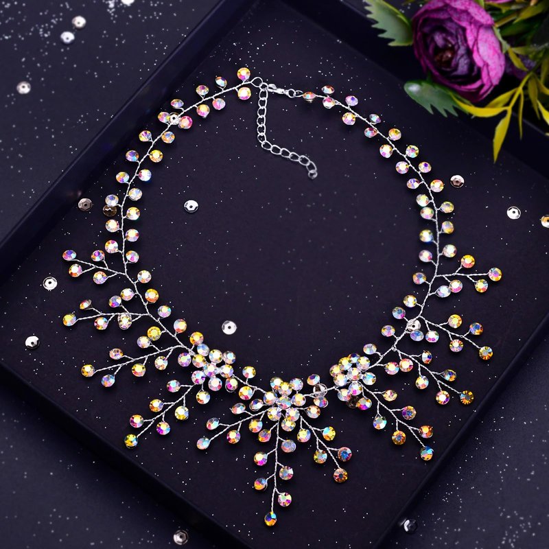 Bridal Rhinestone Crown Hair Accessories, Colorful Rhinestone Hair Bands, Women's Wedding Tiara Set (Multi-color Crown + Necklace + Earrings) HP193-M-SET
