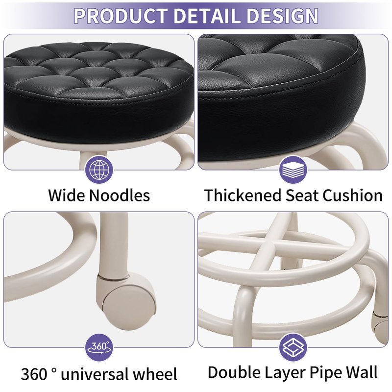 HPONQIONE Round Rolling Low Stool- PU Leather Low Stool 360° More Comfortable Swivel with Thickened Sponge Cushion for Nail Salon, Pedicure, SPA and Home (Black)