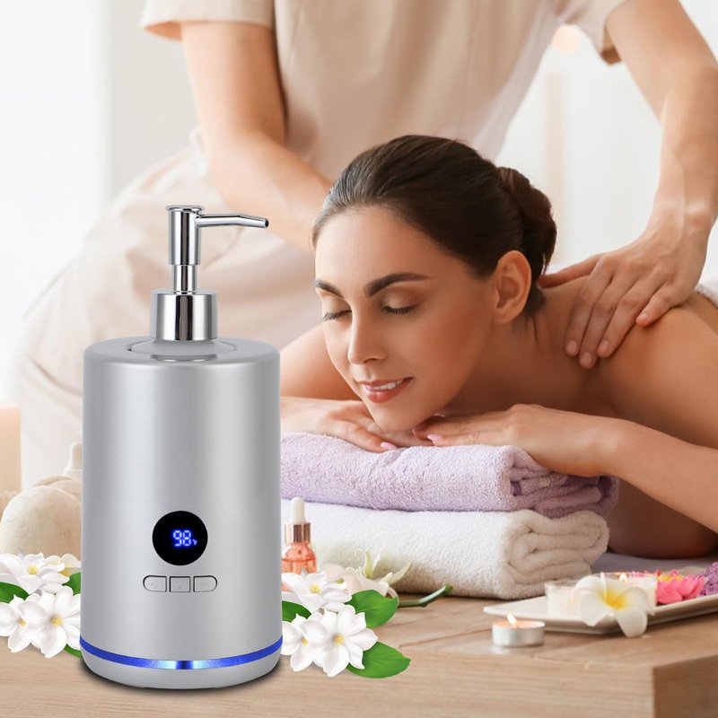 Massage Oil Warmer with 2 Bottles, Professional Electric Lotion Warmer Bottle, Digital Display, Rapid Heating, Automatic Massage Oil Heater for Salon Spa Massage (Silver)