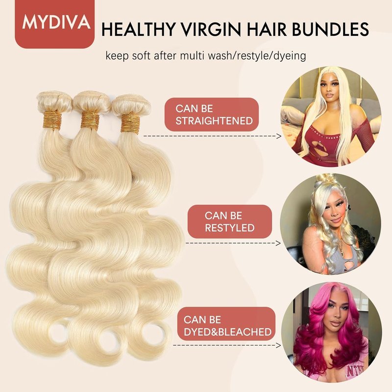 613 Blonde Body Wave Hair Bundles - 100% Unprocessed Brazilian Virgin Human Hair | 10-12-14 Inch, 3 Bundles, Double Weft