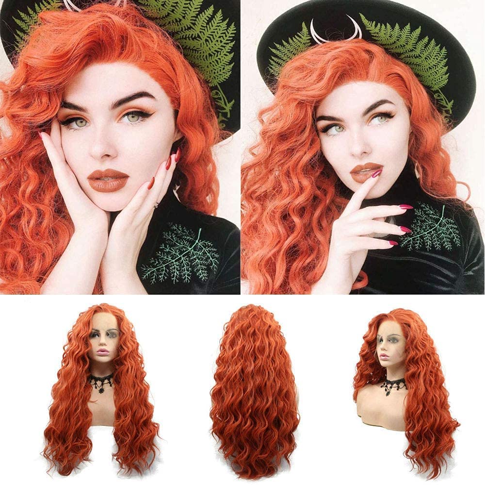 Orange Lace Front Wigs for Women Girls Real Handmade Long Deep Curly Loose Wave Free Part Wig Synthetic Hair Gold Orange Wavy Glueless Synthetic Heat Resistant Fiber Hair Wigs Daily Cosplay 24 Inch
