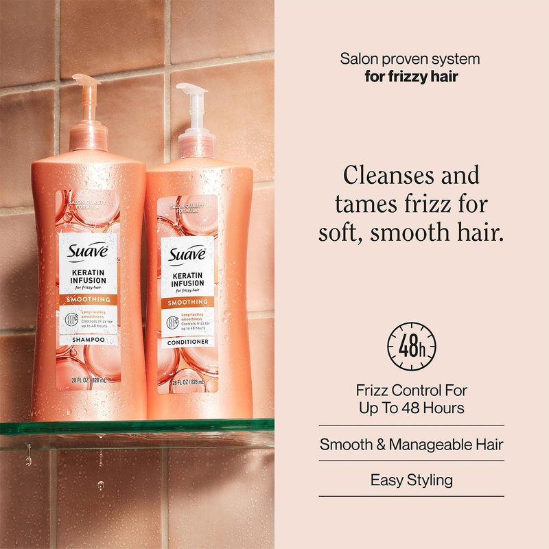 Suave Shampoo and Conditioner Set, Keratin Infusion + Almond & Shea Butter – Frizz Control and Moisturizing Hair Care Bundle, 28 Oz Ea (4 Piece Set)