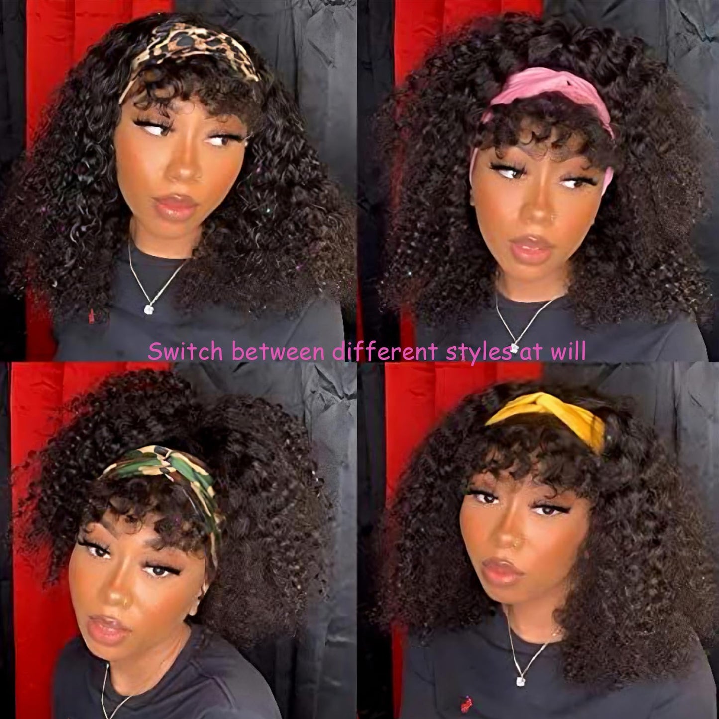 Punmasa Headband Wig Human Hair Deep Wave 12 Inches None Lace Front Wig Human Hair Machine Made Wigs 150% Density Headband Curly Human Hair Wigs for Women Natural Color Half wig
