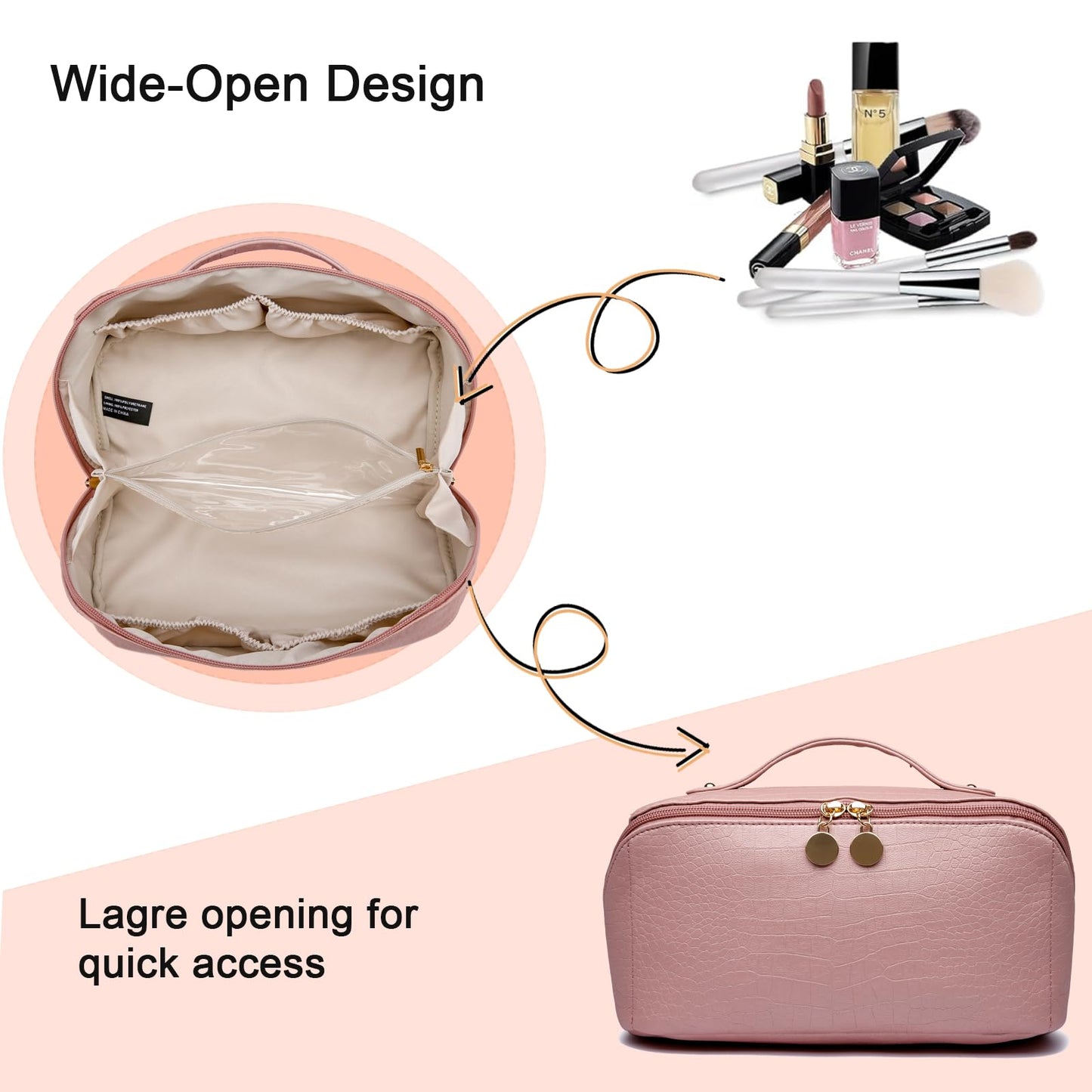 Yomiky Large Capacity Travel Cosmetic Bag, Portable Leather Makeup Bags for Women, Travel Toiletry Bag Waterproof Leather Makeup Organizer Bag, Roomy Cosmetic Bag for Women and Girls