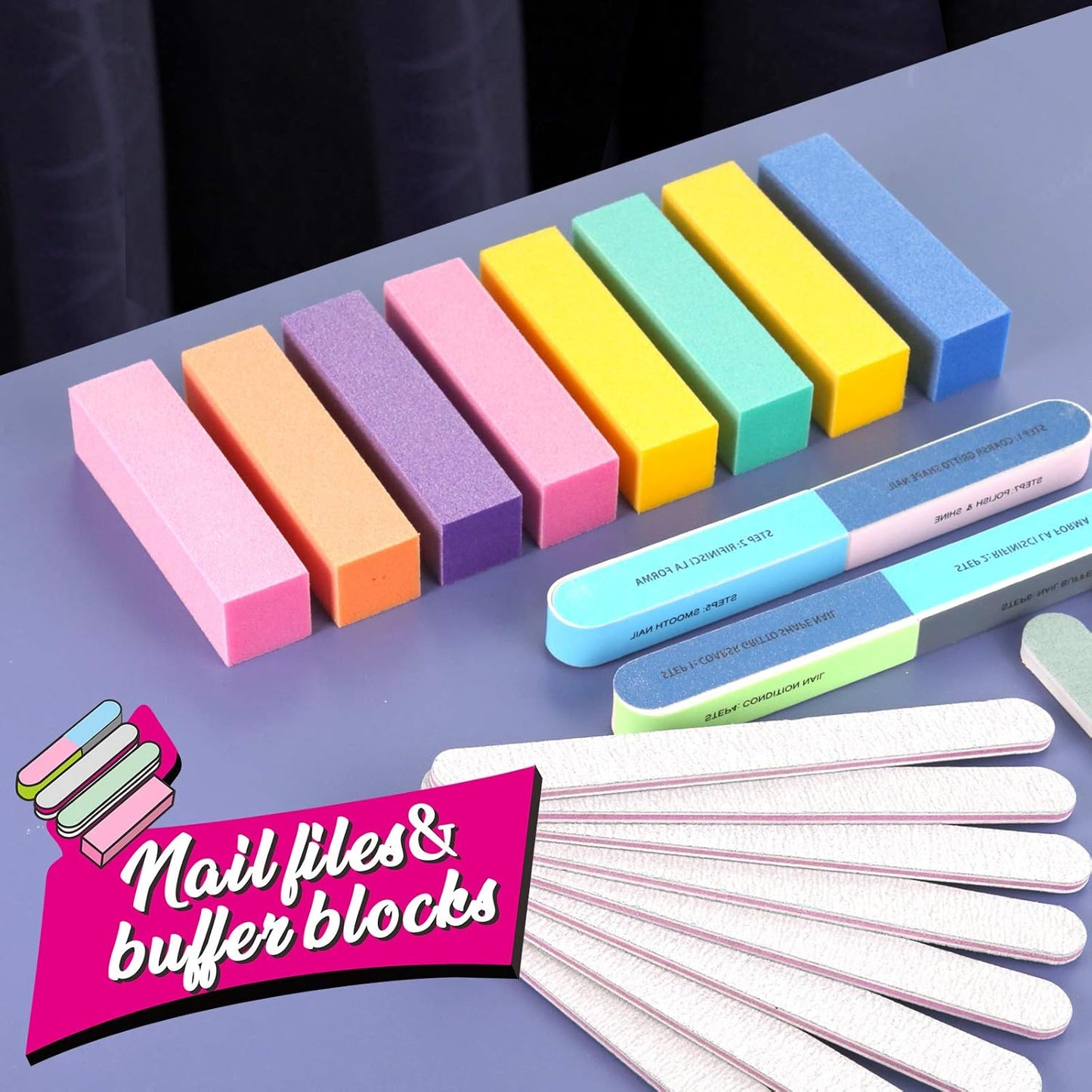FANDAMEI Nail Files and Buffers, 20PCS Nail File Kit. Rectangular Nail Buffer Block & 100/180 Grit 7 Way Nail File & Polishing Buffer. Nail Prep Kit. Professional Manicure Nail Tools