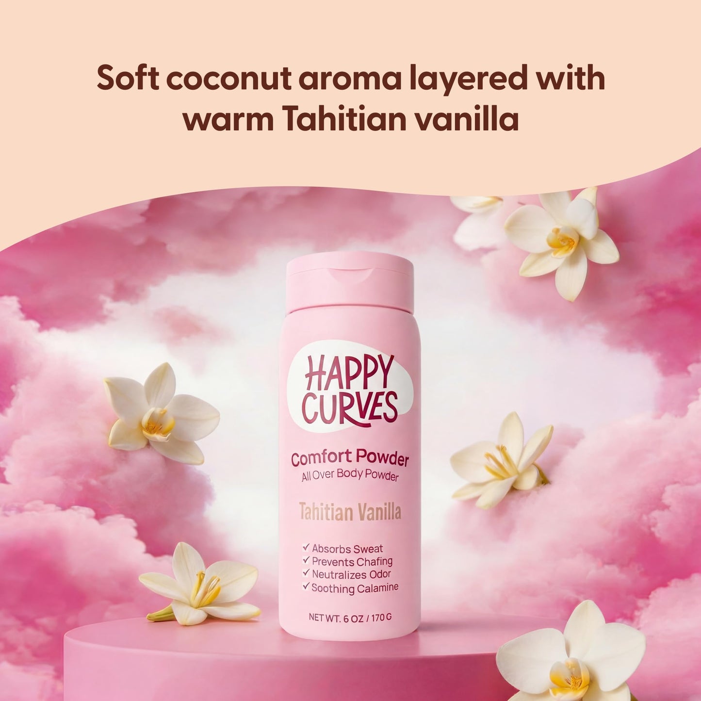 HAPPY CURVES Comfort Powder: Talc Free Anti Chafe Body & Foot Dusting Powder Deodorant for Inner Thigh Chafing, Private Areas, and All Over Body for Women 4oz (Pack of 1), Tahitian Vanilla