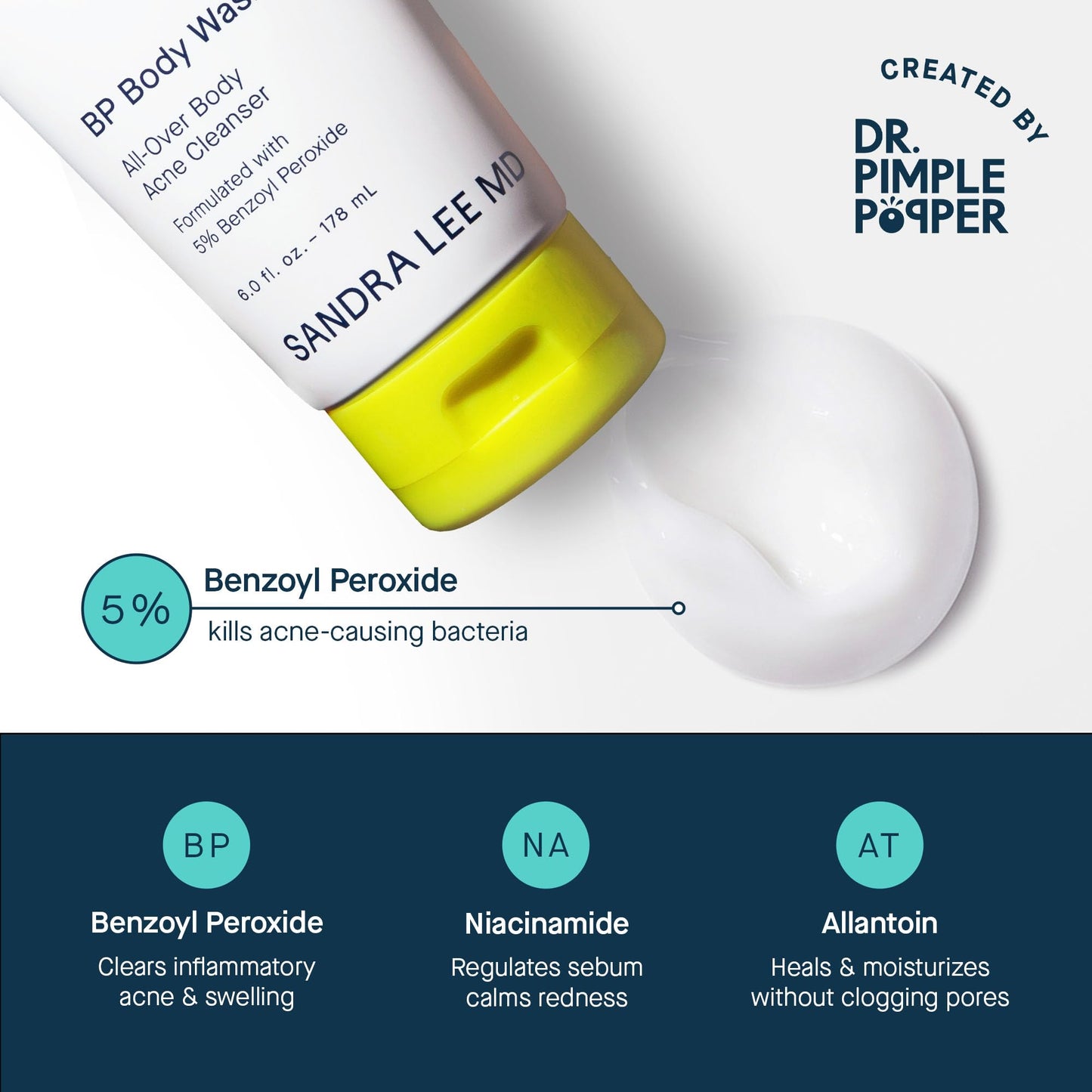 SLMD by Dr. Pimple Popper BP Body Wash – 5% Benzoyl Peroxide Exfoliating Cleanser for Clearer, Smoother-Looking Skin – 6 fl. oz Skincare
