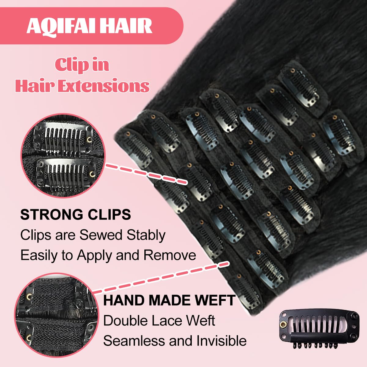 Kinky Straight Clip in Hair Extensions Real Human Hair 8pcs 20Clips Yaki Straight Clip Ins 16Inch 110g Full Head Hair Extensions Brazilian Remy Hair Double Weft Natural Black