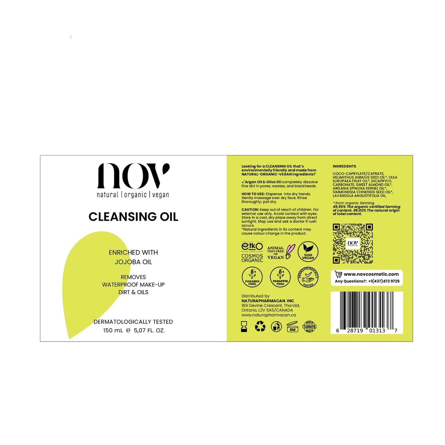 NOV Cleansing Oil - Facial Cleanser for Waterproof Make-Up - Non-Greasy Face Cleanser With Sweet Almond Oil for Hydration - All Skin Types - 5.07 oz