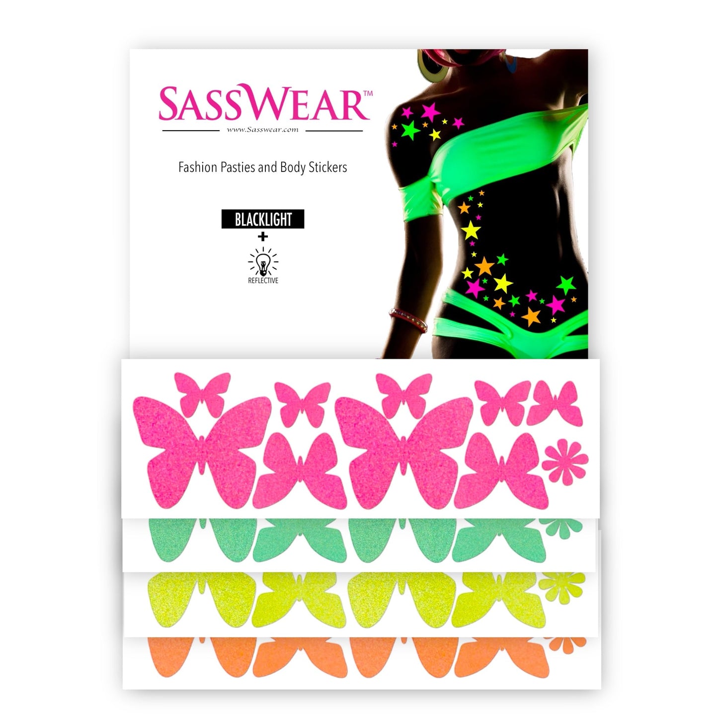 Sasswear Blacklight Body Stickers - Neon Fashion Accessories for Raves, Festivals and Glow Parties, 40/pk (Butterfly)