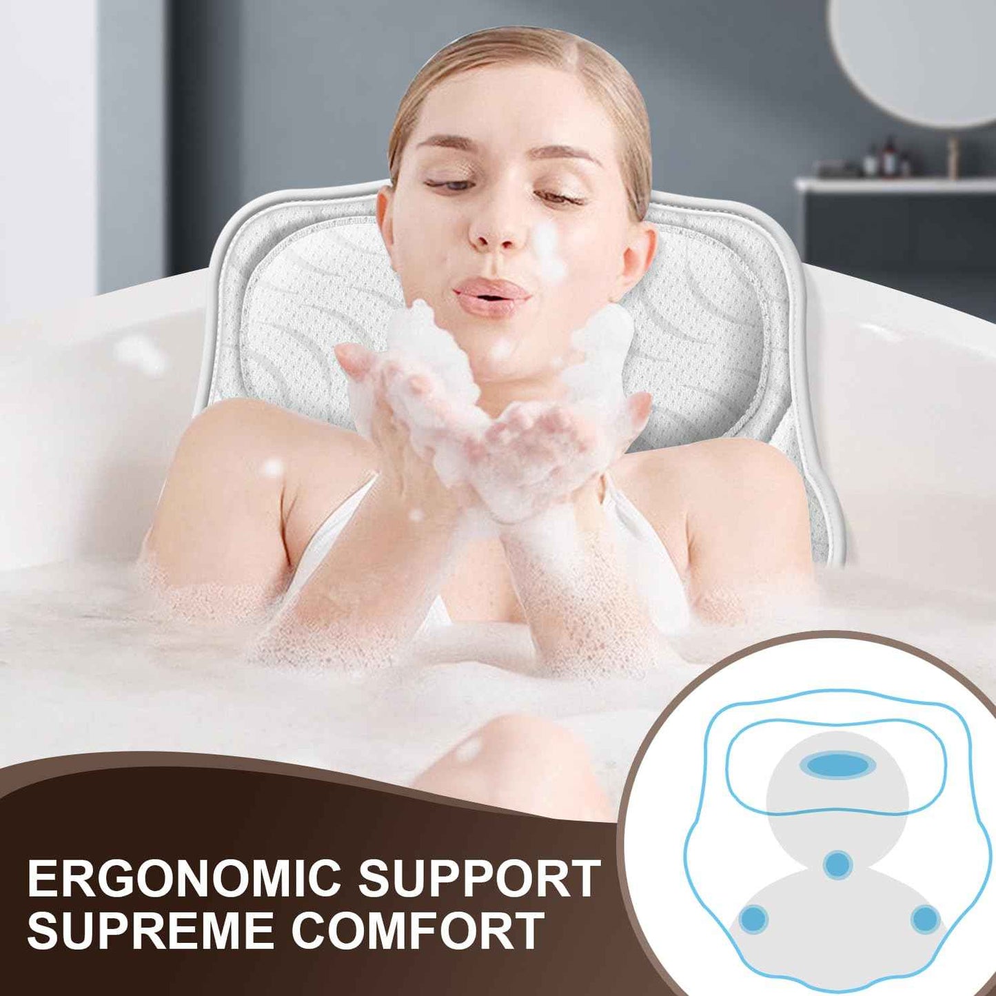 HORIGAY Bath Pillow Luxury Bathtub Pillow - Bath Pillows for Tub Neck and Back Support, Ergonomic Tub Pillow for Bath with 6 Powerful Suction Cups, Fits All Bathtub Portable Bath Accessories - White