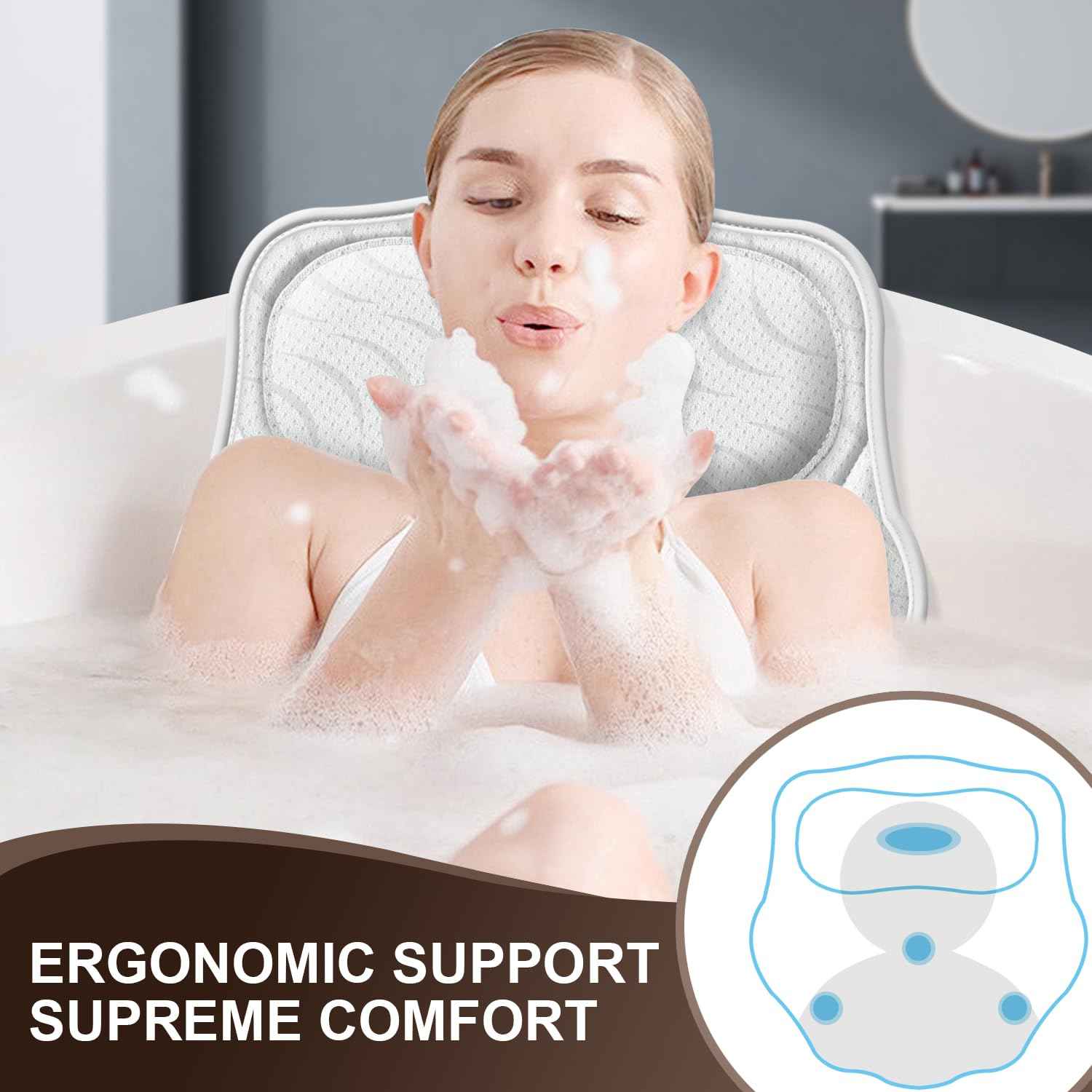 HORIGAY Bath Pillow Luxury Bathtub Pillow - Bath Pillows for Tub Neck and Back Support, Ergonomic Tub Pillow for Bath with 6 Powerful Suction Cups, Fits All Bathtub Portable Bath Accessories - White