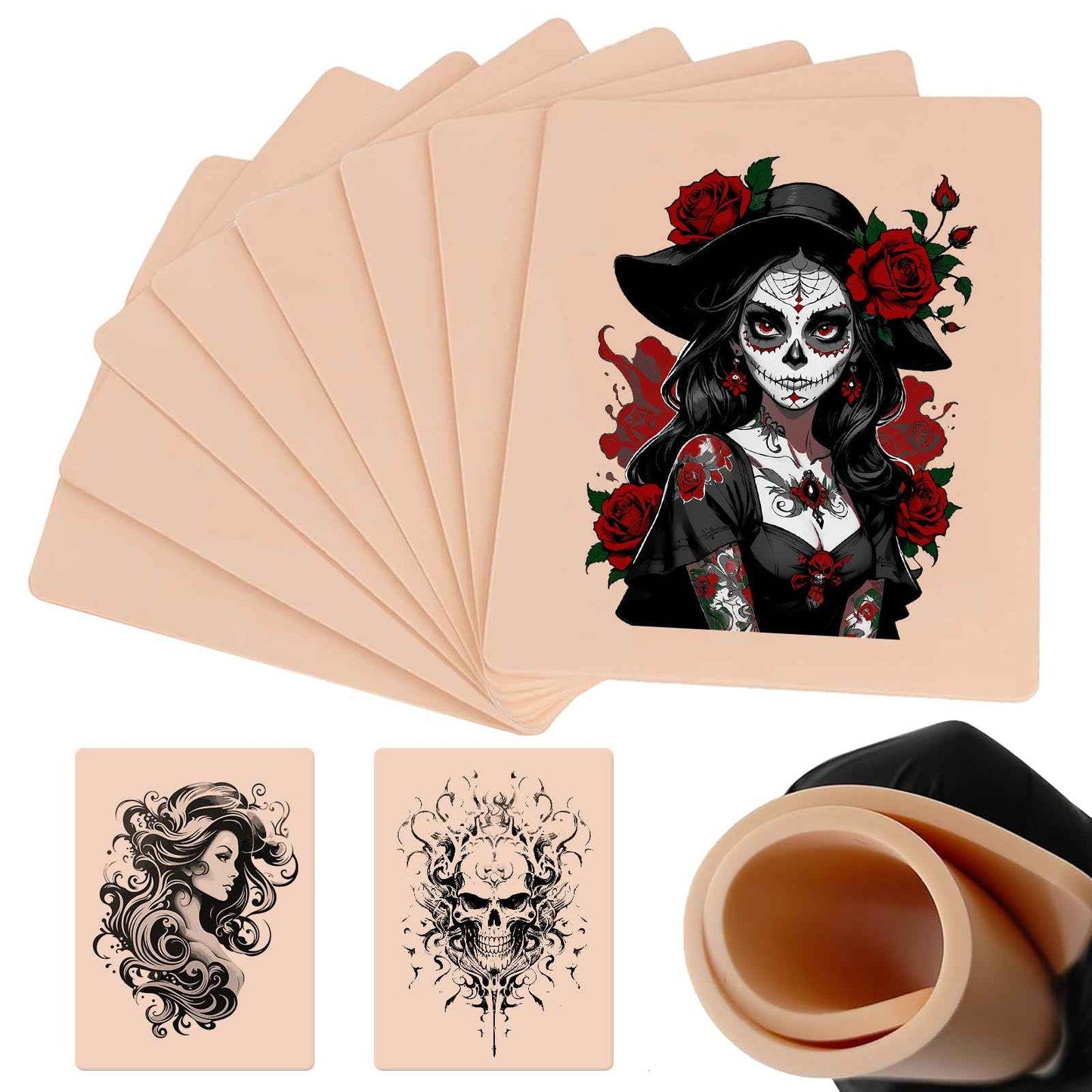 Sotica 8pcs 3mm Tattoo Practice Skins, 6x8" Fake Tattoo Skin Silicone, Realistic Color & Texture, Holds Ink Well, Double-Sided Use, Thick & Sturdy, Perfect for Tattoo Artists