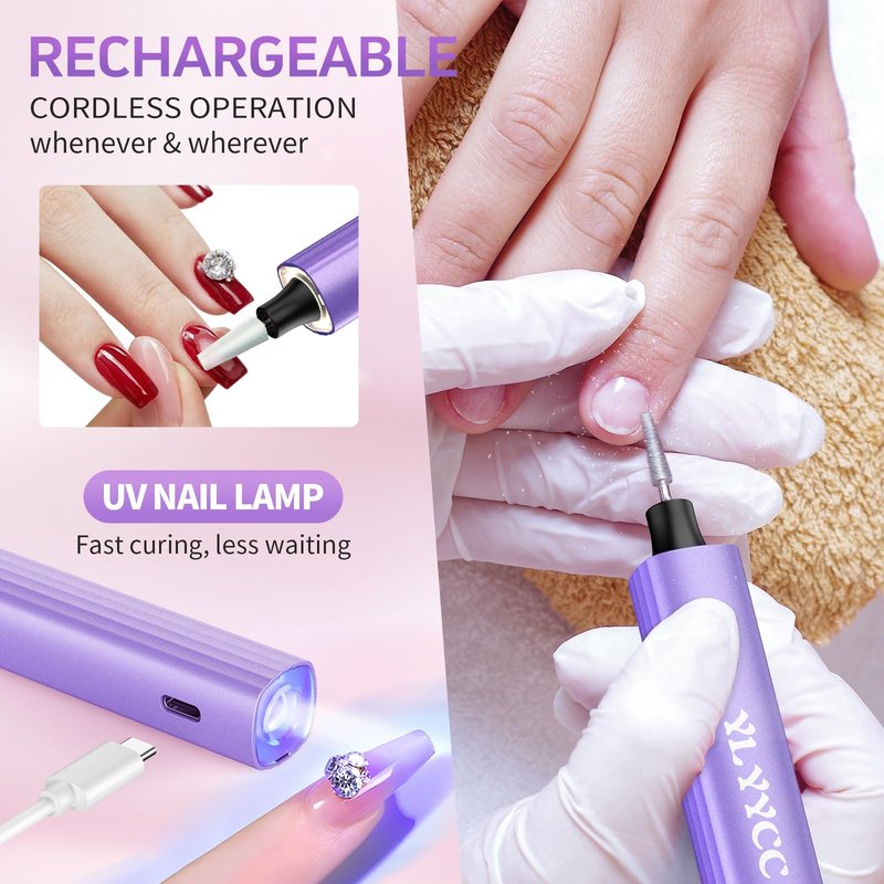 YLYYCC Electric Nail Drill Cordless Nail File with UV Lamp:Professional for Acrylic Gel Dip Powder Nails Portable Nail Kit Machine for Women Girl Manicure Pedicure Nail Set Rechargeable Lightweight