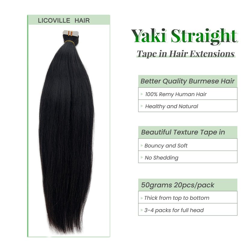 Yaki Tape in Extensions Human Hair Double Sided Relaxed Straight Black Real Remy Tape in Hair Extensions for Black Women Full Head 16 Inch Yaki Straight Tape in Bundles Natural Black 50g 20pcs