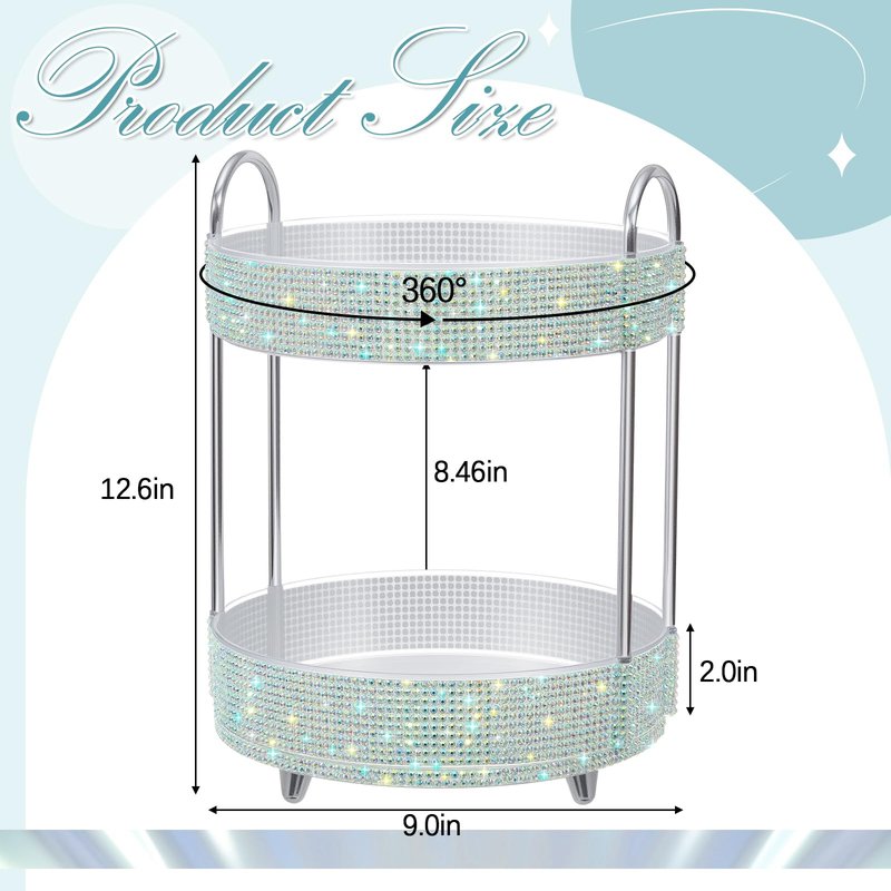 Honeydak 360 Rotating Perfume Organizer for Mother Day Nurse Day Rhinestone Bathroom Counter Organizer Makeup Holder Skincare and Perfume Storage for Cosmetic Countertop(2 Tiers,Resin Stone,Silver)