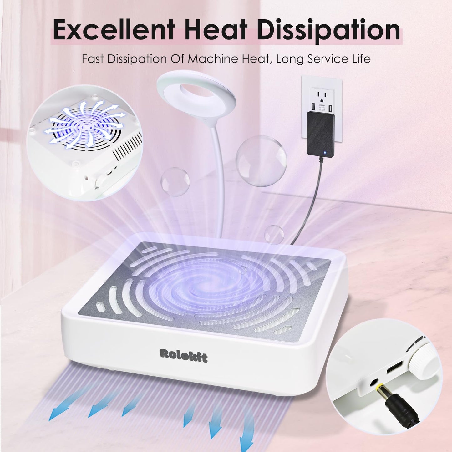 Nail Dust Collector with Lamp&50pcs Disposable Filter&Dusting Brush, Electric Nail Vacuum Cleaner Dust Fan Suction Machine for Manicure Acrylic Gel Nails Polishing, Low Noise,Salon Home