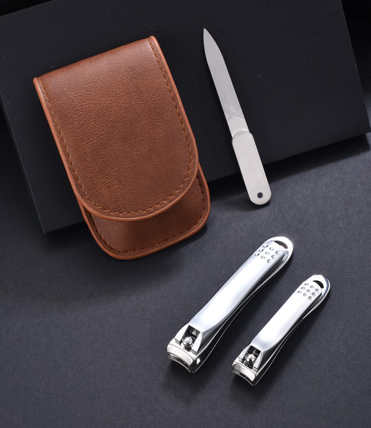 YOUGUOM Nail Clipper Set - Stainless Steel Fingernail Clippers Toenail Curved Blades Nail Cutter and Nail File w/PU Sheath for Men Women