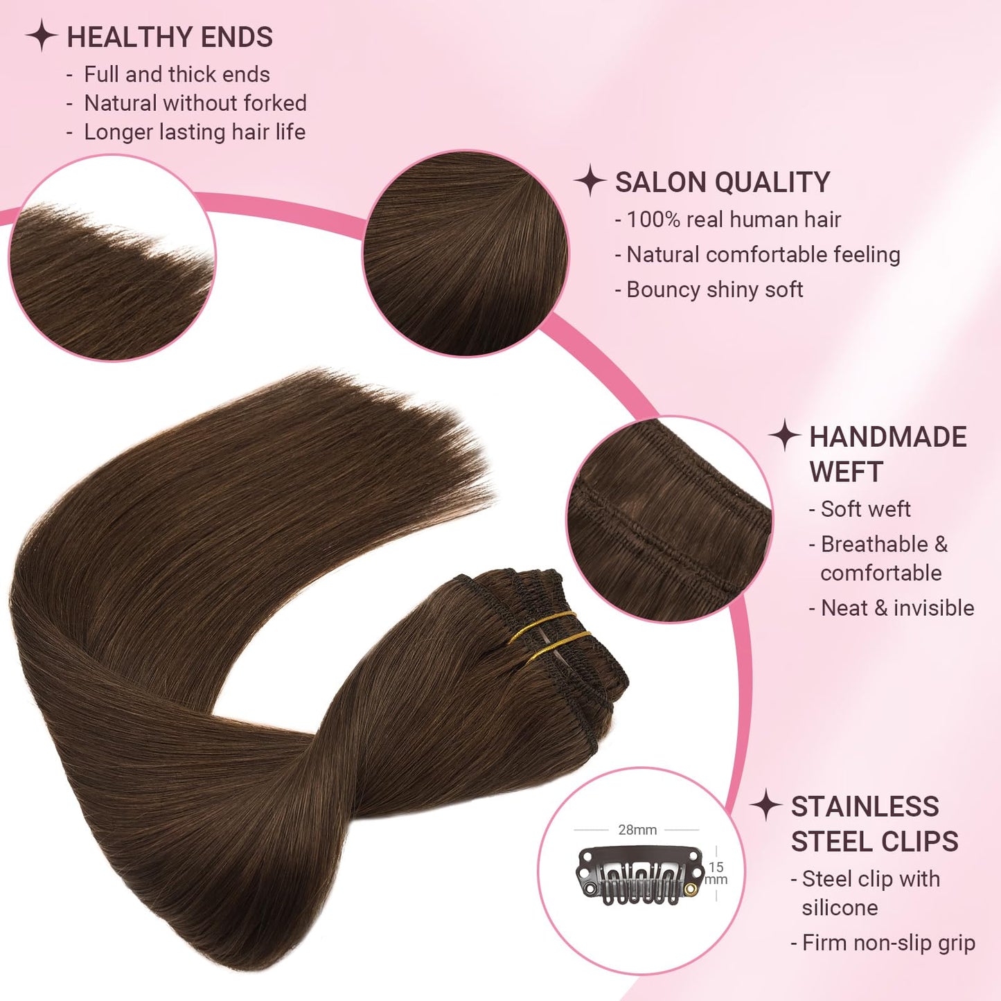 MAXITA Clip in Hair Extensions Real Human Hair,Remy Hair Extensions Clip ins Double Weft for Women,Natural Real Human Hair,16Inch 70g 5Pcs,Chocolate Brown