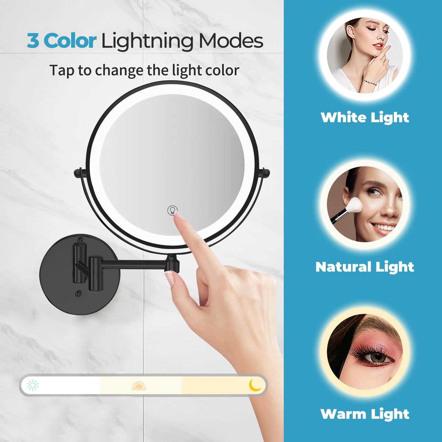 Fab Glass and Mirror 1X/10X Wall Mounted Makeup Mirror with Light, 8" Rechargeable 2000mAh Lighted Vanity, Double-Sided Magnifying Bathroom Touch Dimmable 3 Color LED 360 Rotation Foldable Arm Black