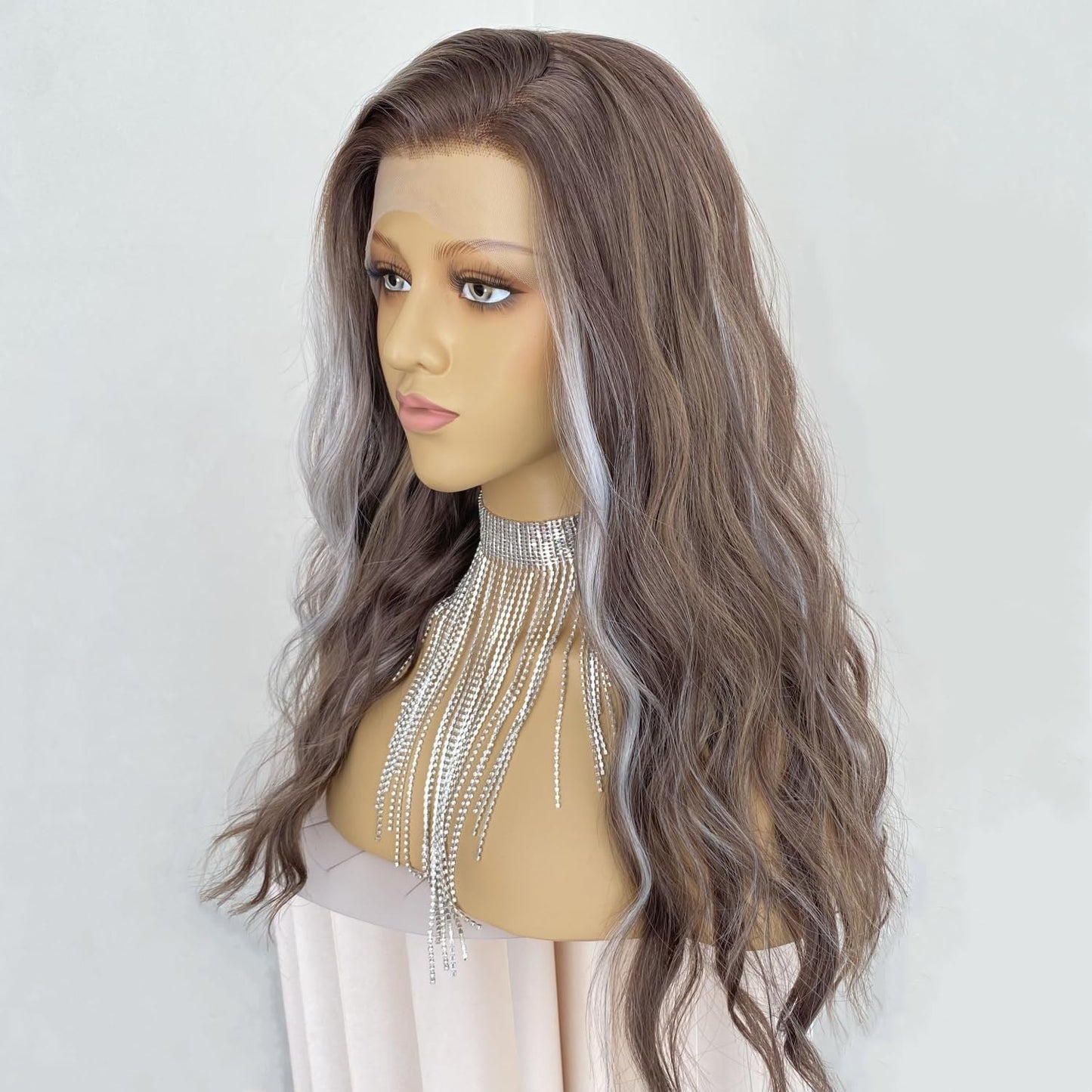 CIMITIKI Ash Brown Wigs Highlight Platinum Hair Mixed Honey Blonde 13x4 Lace Front Wig Ombre Silver Loose Wavy Synthetic 20Inch Pre Plucked for Women