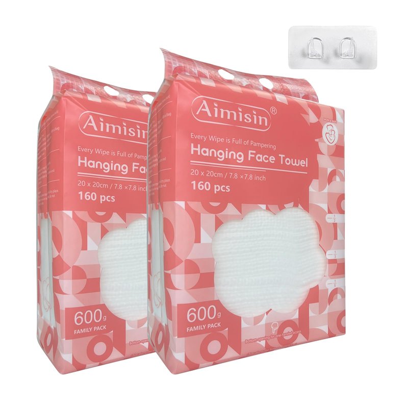 Aimisin 2 Packs Hanging Disposable Face Towel, 160 Count/Pack Ultra-Soft & Thick Dry Wipes for Skin Care, Makeup Remover and Cleansing (Family Pack)