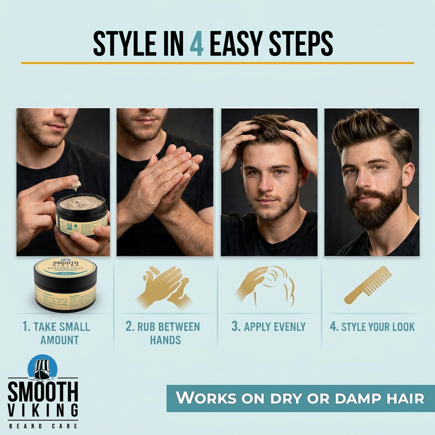 Smooth Viking Hair Clay for Men Strong Hold Matte Finish Pomade Texture Styling Paste Natural Thickening Hair Product Easy Wash Out All Type Hairs 2oz