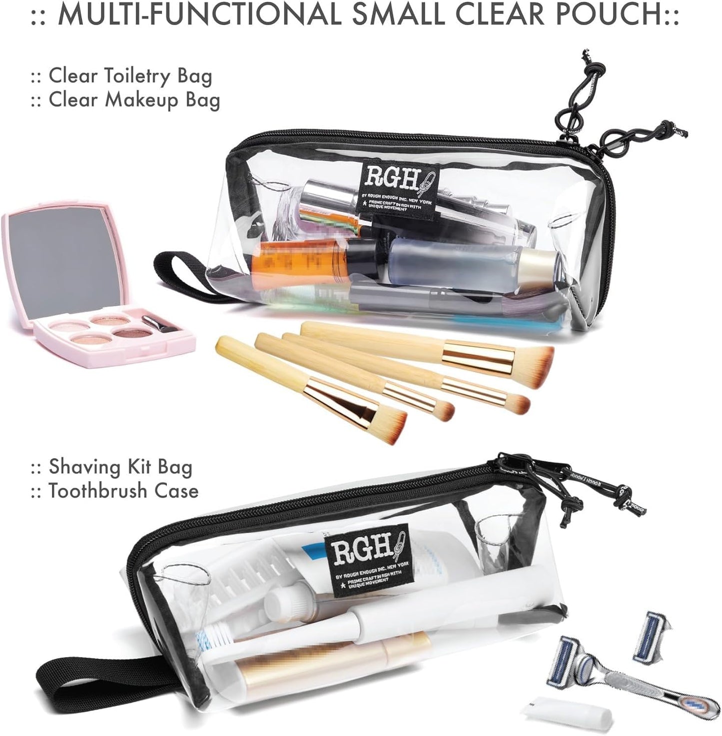 Rough Enough Clear TSA Approved Toiletry Bag Makeup Cosmetic Case Pouch Shaving Kit Travel Essential Accessory with Zipper for Women Men