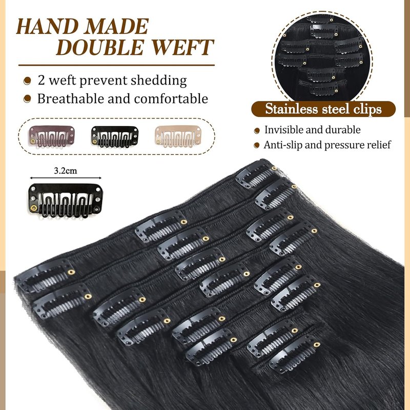 Real Human Hair Clip-In Extensions - 16 Inch Balayage Seamless Remy Hair | 90g Jet Black 8Pcs Double Weft