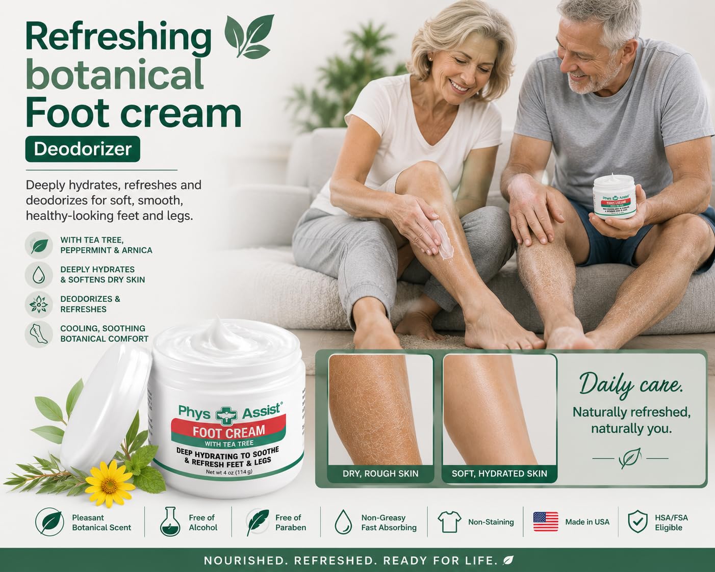 PhysAssist Foot Cream with Tea Tree – Deep Hydrating Foot & Leg Cream for Dry, Tired & Sensitive Skin – Refreshing Moisture Support with Peppermint, Menthol & Vitamin E – 4 oz Jar