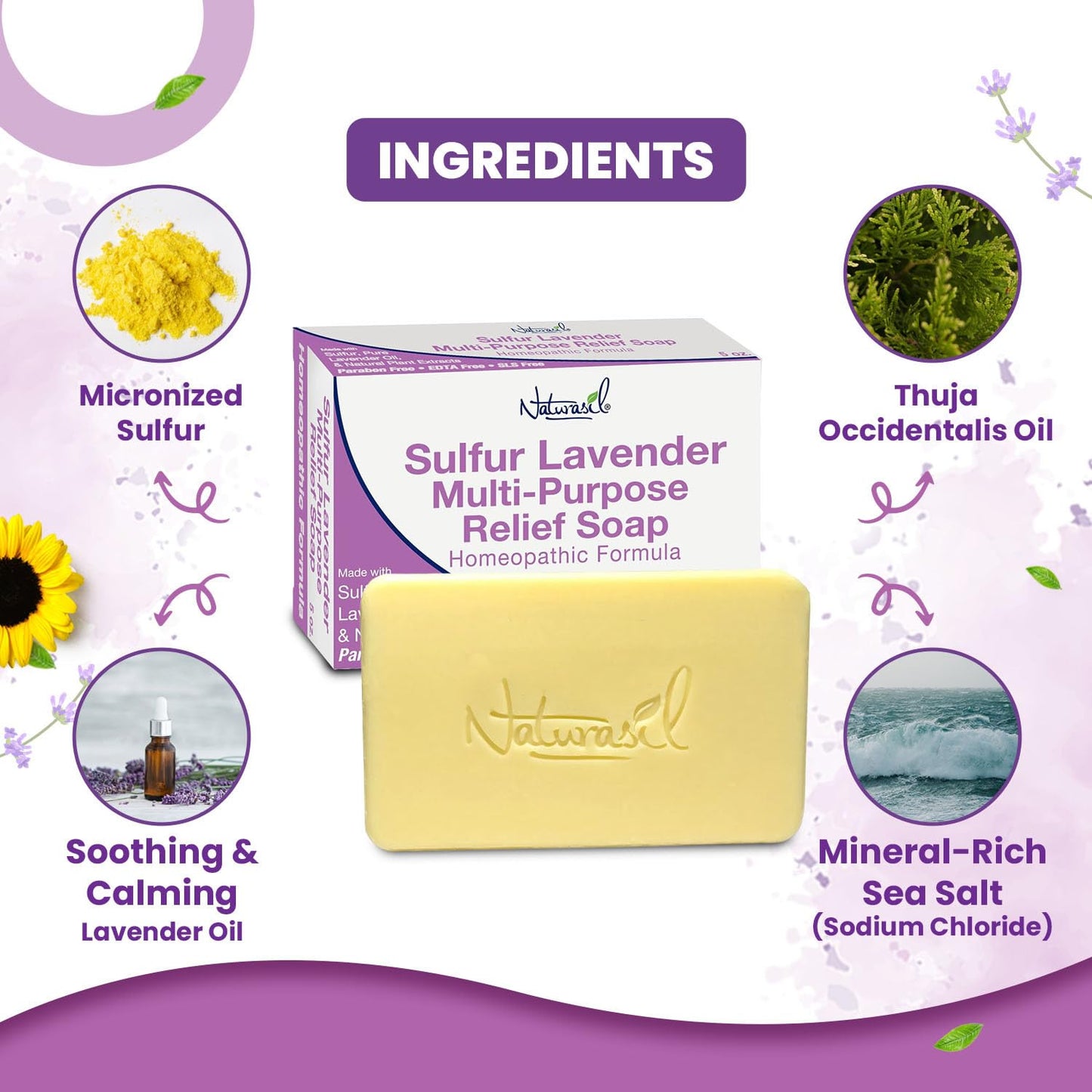 Naturasil Sulfur Soap with Lavender for Face & Body, Made in USA - 2 Pack
