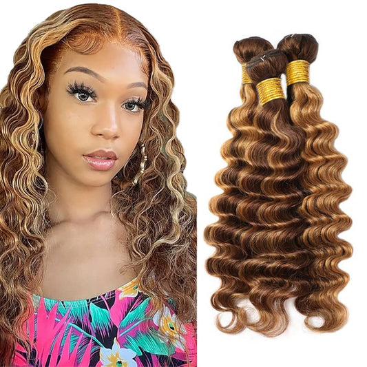P4/27 Highlight Blonde Bundles Deep Wave Bundles Human Hair 16 16 16 Inch Unprocessed Brazilian Virgin Weave Hairs Brown 3 Bundle Human Hair Extensions 50 Gram Per Bundle