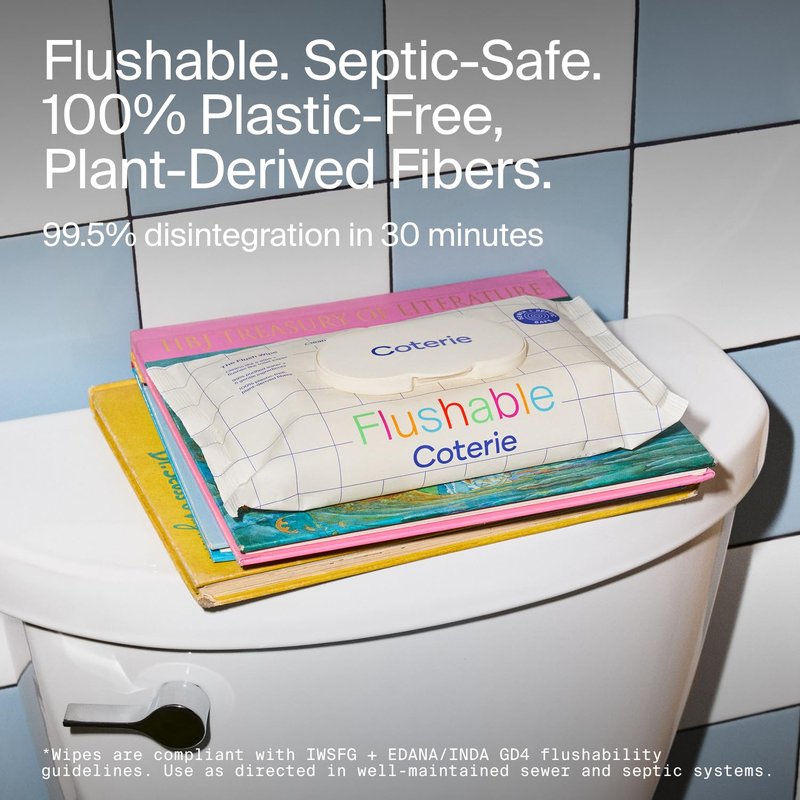 Coterie Flushable Wipes for Toddlers, Designed for Potty Training, Safe for Sensitive Skin, Hypoallergenic, 99% Water, Plant-Based, Fragrance Free, Sewer & Septic Safe, 8 Pack (448 Wipes)