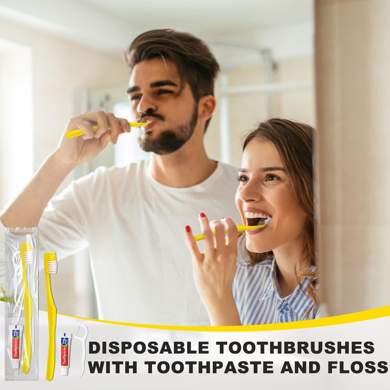 FAOEHN 200pcs Disposable Toothbrushes with Toothpaste and Floss,Yellow Bulk Single Use Toothbrush Floss Pick Individually Wrapped Disposable Travel Toothbrushes Kit for Homeless,Airbnb,Hotel,Guest
