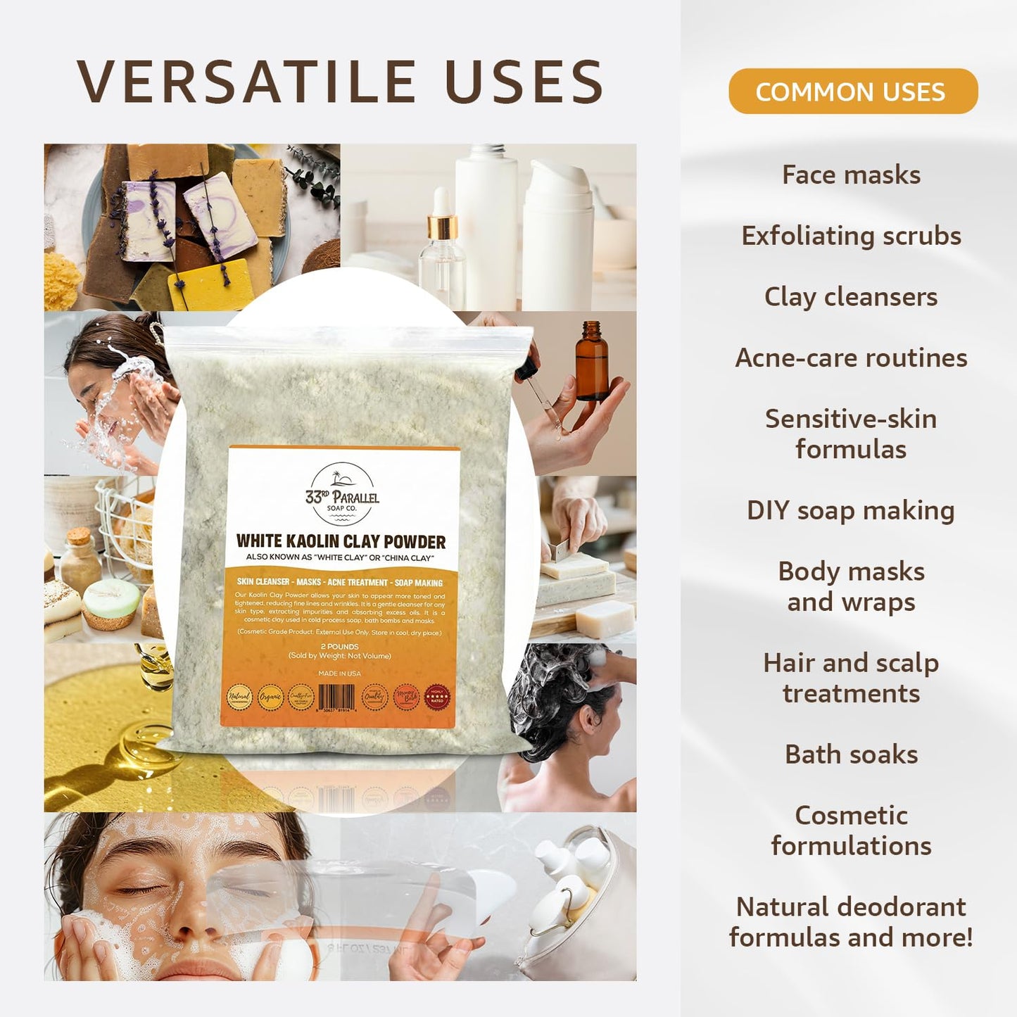 White Kaolin Clay Powder USP GRADE (5 LBS / 80 oz) 100% Natural USP Grade | Facials, Face Mask, Soap Making, Creams, Lotions, Bath Bombs | aka White Clay & China Clay Powder | 5 Pound