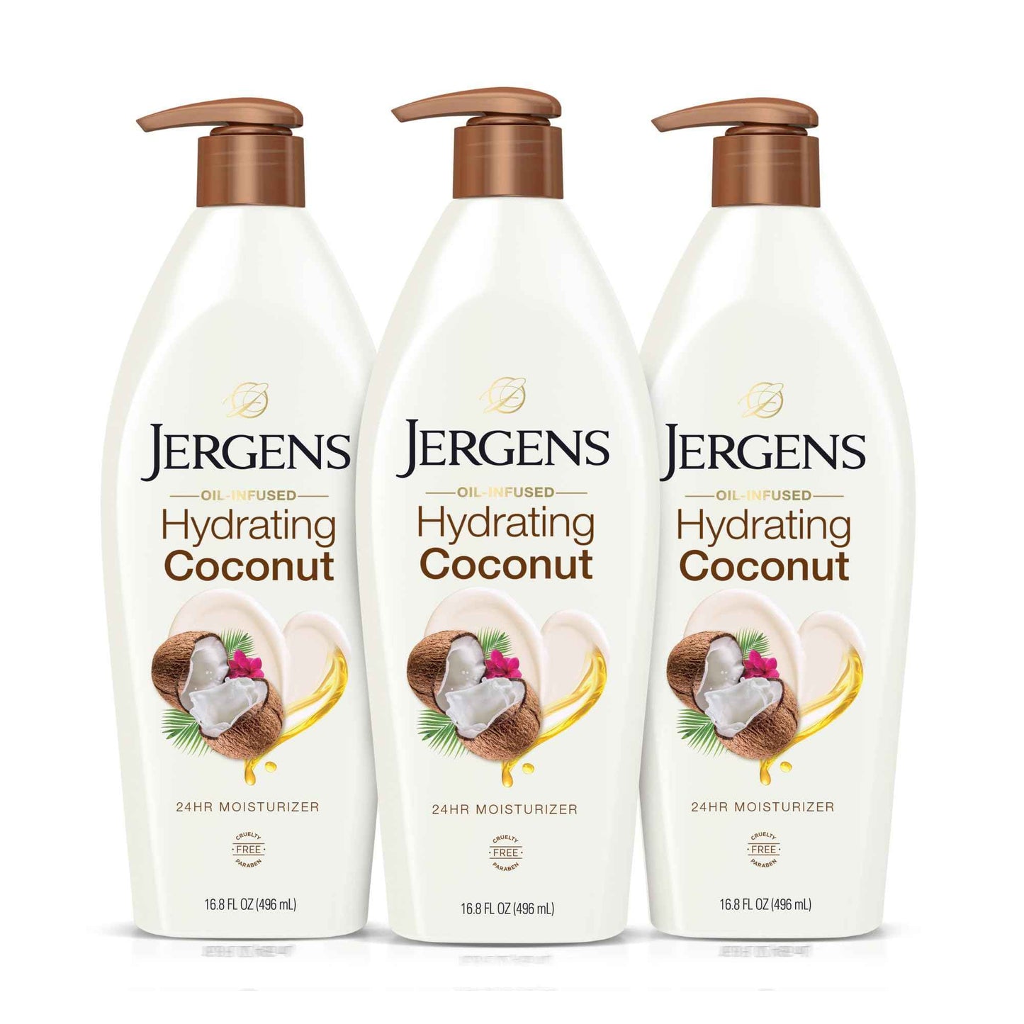 Jergens Hydrating Coconut Body Lotion, Hand and Body Moisturizer, Infused with Coconut Oil, Hydrates Dry Skin Instantly, Dermatologist Tested, 16.8 oz, Pack of 3