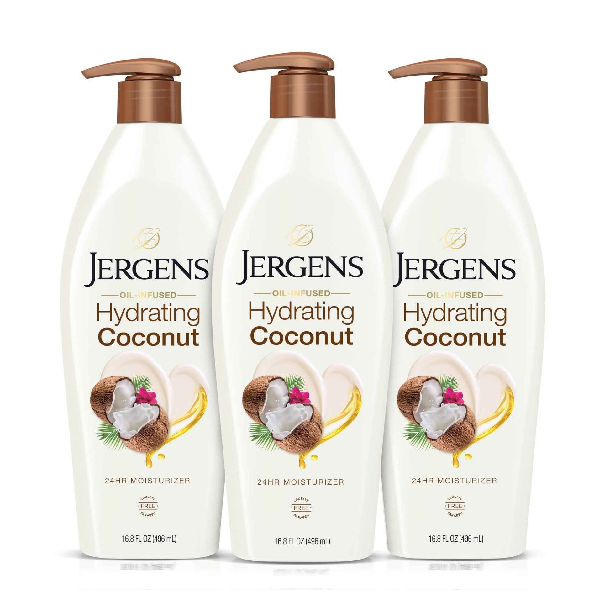 Jergens Hydrating Coconut Body Lotion, Hand and Body Moisturizer, Infused with Coconut Oil, Hydrates Dry Skin Instantly, Dermatologist Tested, 16.8 oz, Pack of 3